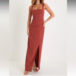 Lulus Glamorous Disposition Rust Ruched Maxi Dress